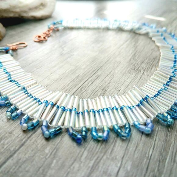 Iridescent Seed Bead Choker, Adjustable Choker Necklace, Artisan Boho Statement - Picture 5 of 7